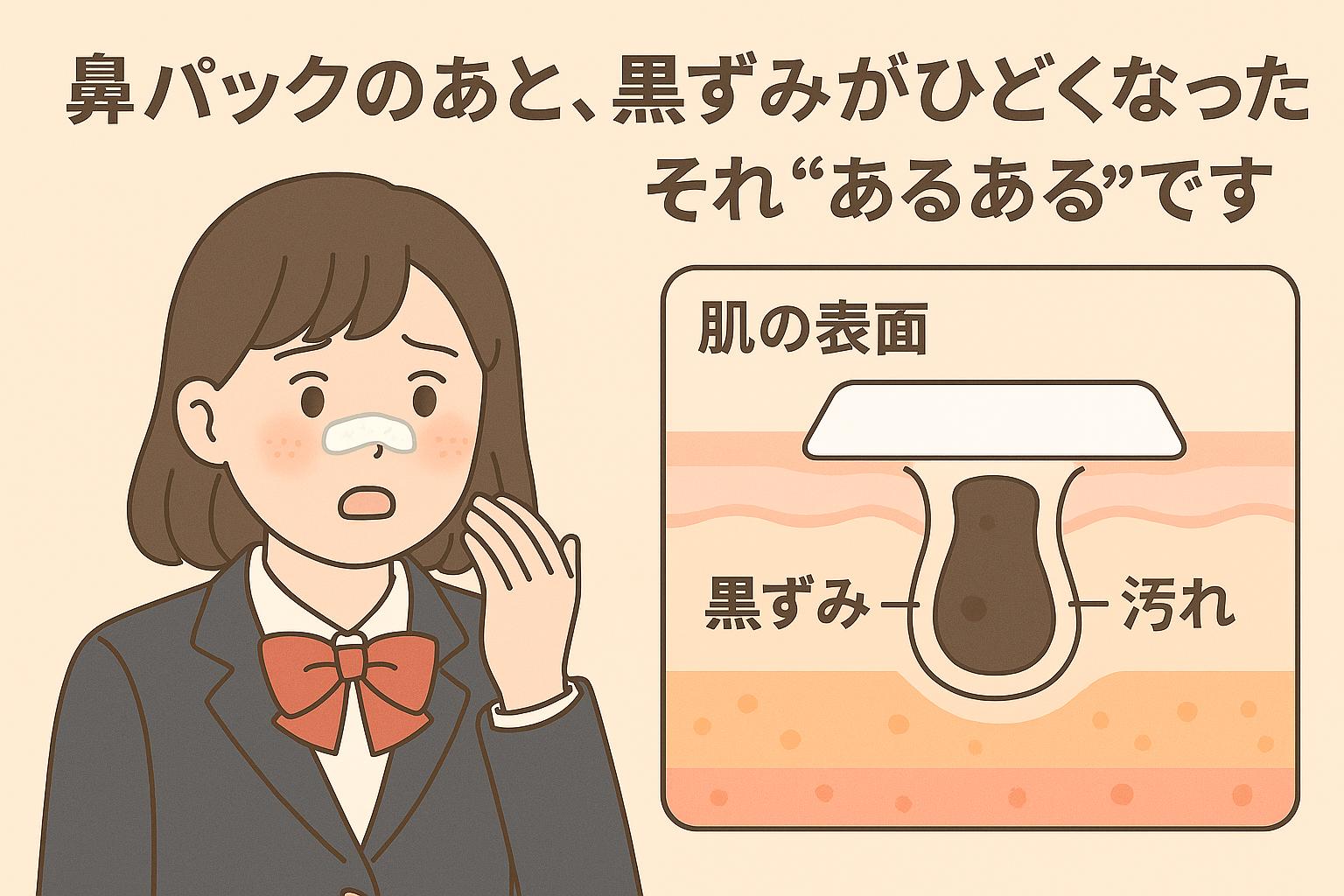鼻パックを貼った女子中学生が驚いた表情をしており、右側には「黒ずみが残る毛穴」の断面図が表示されている。毛穴の奥に汚れが残っている構造が描かれている。
