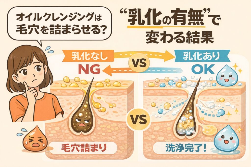 オイルクレンジングが毛穴を詰まらせるかどうかは「乳化の有無」で結果が変わることを解説したイラスト図解。乳化なしでは油分が毛穴に残って詰まりやすくなる一方、乳化ありでは汚れが水となじんで洗い流され、毛穴がすっきりする仕組みを毛穴断面図で対比して示している。