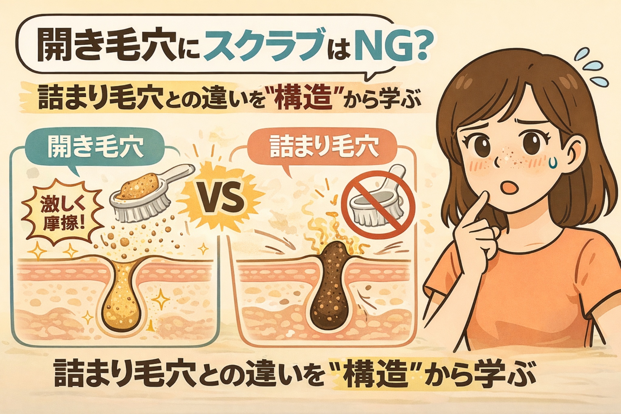開き毛穴にスクラブが適さない理由を、詰まり毛穴との構造の違いで解説したイラスト。開き毛穴では摩擦刺激が負担になりやすい一方、詰まり毛穴では構造上の注意が必要な点を断面図で比較し、スクラブ使用の判断軸をわかりやすく示している。