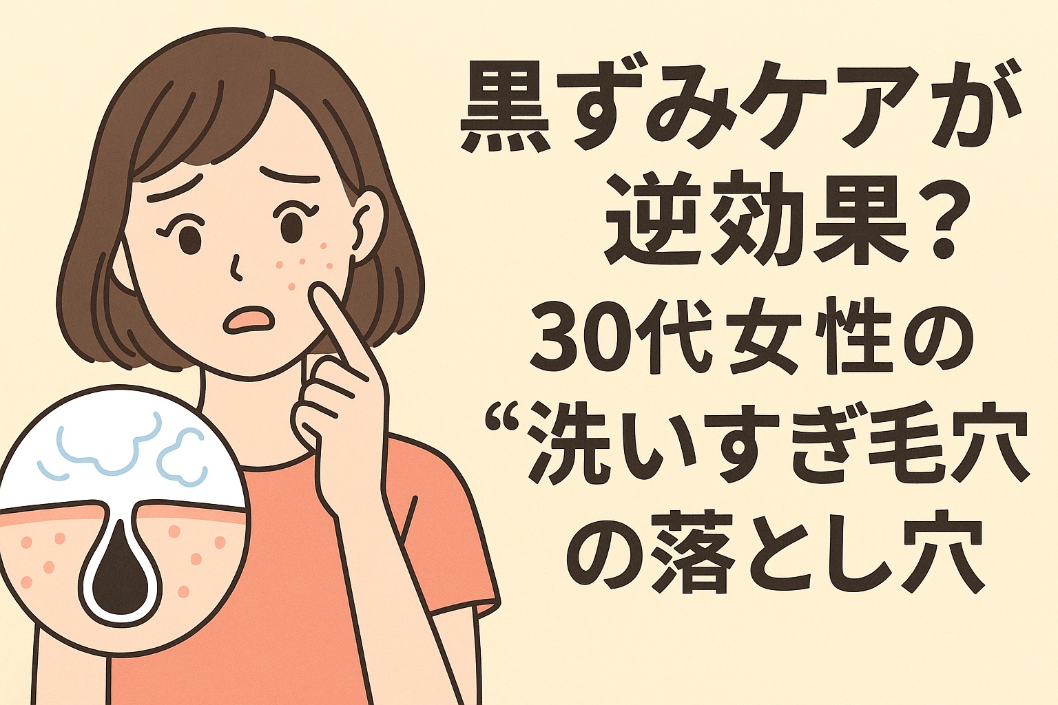 30代女性を想定した若い女性が、黒ずみケアの逆効果に驚く表情。過剰な洗顔による毛穴の刺激と詰まりを図解で示し、「洗いすぎ毛穴」の落とし穴を可視化。