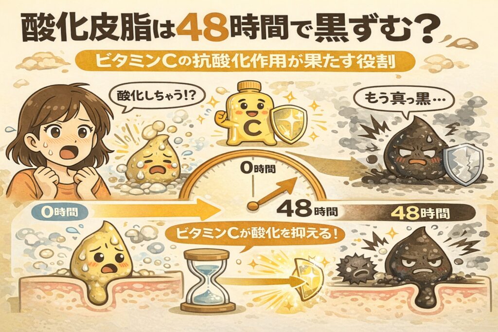 酸化皮脂が約48時間で黒ずみに変化する仕組みと、ビタミンCの抗酸化作用の役割を解説した図解イラスト。時間経過による皮脂の酸化と、ビタミンCによって酸化が抑えられる流れを、タイムラインと毛穴断面図で示している。