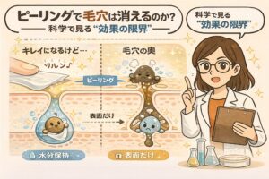 ピーリングで毛穴が消えるのかを「科学的な効果の限界」という視点で解説した図解イラスト。ピーリングは肌表面を一時的にツルっと見せるが、毛穴の奥にある角栓構造には届かず、表面ケアにとどまることを毛穴断面図で示し、白衣の女性が解説している。