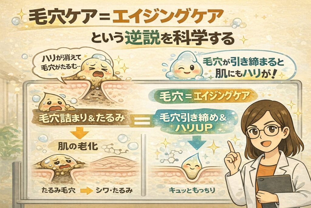 毛穴ケアとエイジングケアの関係を解説する図解イラスト。「毛穴ケア＝エイジングケアという逆説を科学する」というタイトルのもと、毛穴詰まりやたるみが進行すると肌の老化やシワにつながる一方、毛穴が引き締まることで肌のハリが向上する仕組みが描かれている。擬人化された毛穴断面で、たるみ毛穴と引き締まった毛穴の対比が示され、右側では白衣と眼鏡の女性がポイントを解説している教育用ビジュアル。