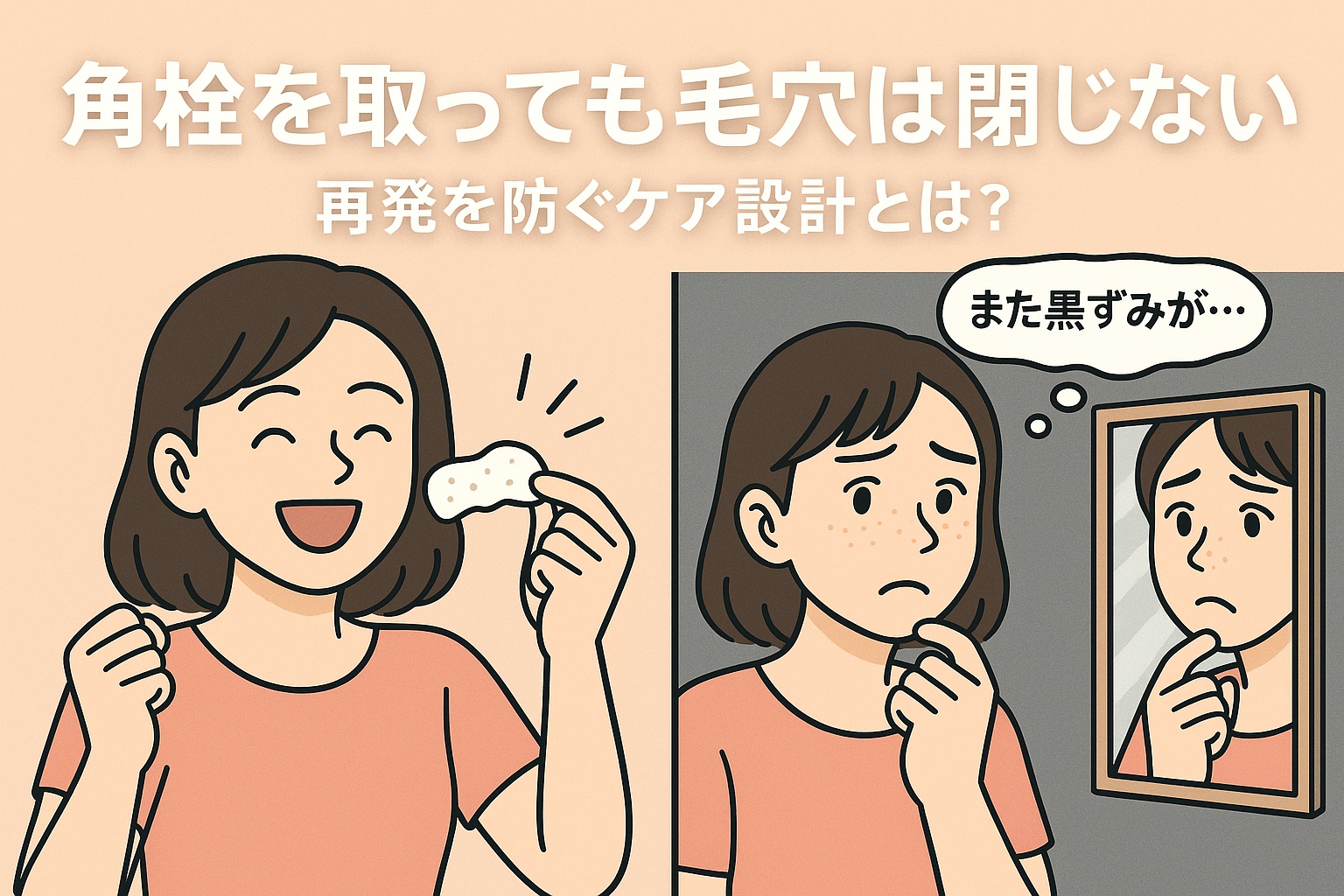 「角栓を取っても毛穴は閉じない｜再発を防ぐケア設計とは？」というタイトル付きのアイキャッチ画像。左側は鼻パックをはがして喜ぶ女性、右側は鏡を見て黒ずみが戻ったことに悩む女性の表情が描かれている。毛穴ケアの再発防止をテーマにしたビジュアル。