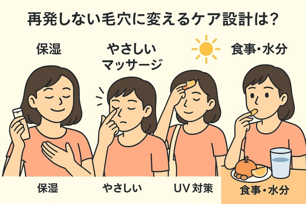 「再発しない毛穴に変えるケア設計」を示す4コマイラスト。左から順に、化粧水で保湿する女性、入浴後に鼻をやさしくマッサージする女性、日焼け止めを塗って外出する女性、果物・ナッツ・水を摂る女性。毛穴ケアを生活習慣に落とし込むことを表現。