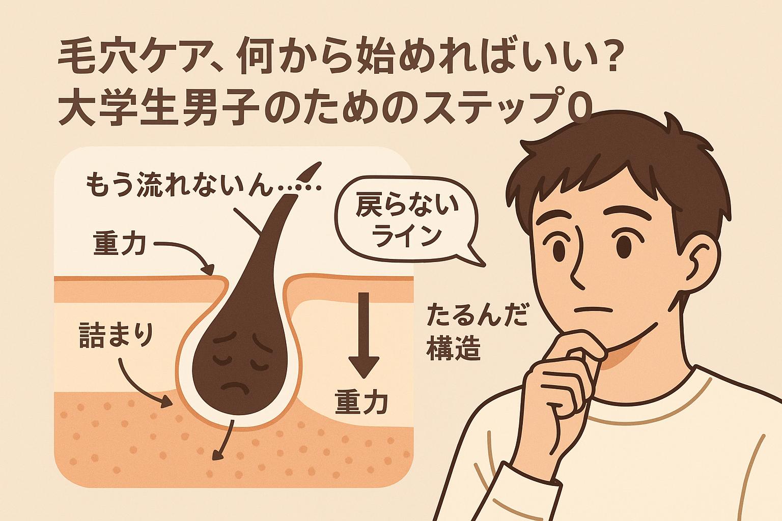 肌の断面図と男子大学生のキャラクター。詰まり毛穴の図に「もう流れないん…」「戻らないライン」「重力」などのラベルがあり、右には「たるんだ構造」と書かれている。