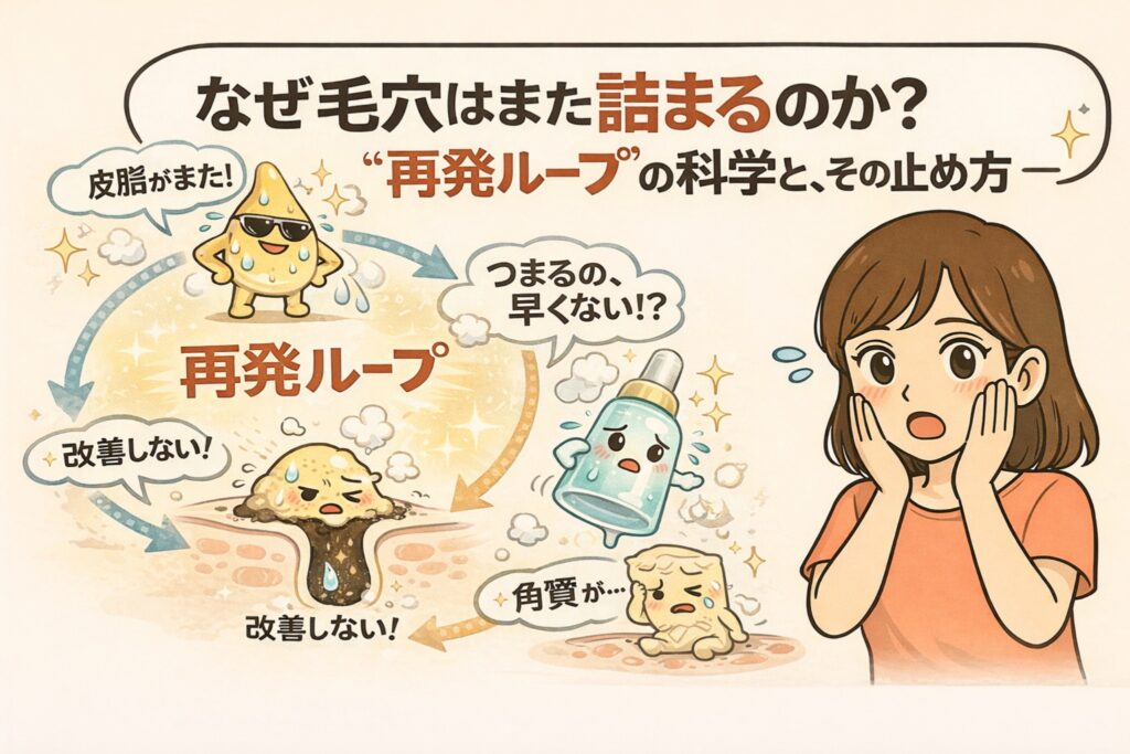 毛穴が何度も詰まってしまう「再発ループ」の仕組みと、その止め方を解説するイラスト。皮脂分泌→角質肥厚→詰まり再発という循環を、擬人化された皮脂・角質・スキンケアボトルで示し、毛穴トラブルが改善しにくい理由を視覚的に表現している。