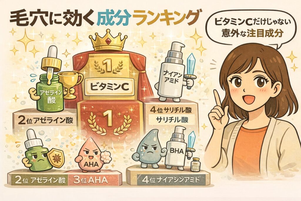 毛穴に効果が期待される成分をランキング形式で紹介した図解イラスト。1位ビタミンC、2位アゼライン酸、3位AHA、4位ナイアシンアミドやサリチル酸（BHA）などを、表彰台と擬人化キャラクターで表現し、毛穴ケアにおける注目成分を比較している。