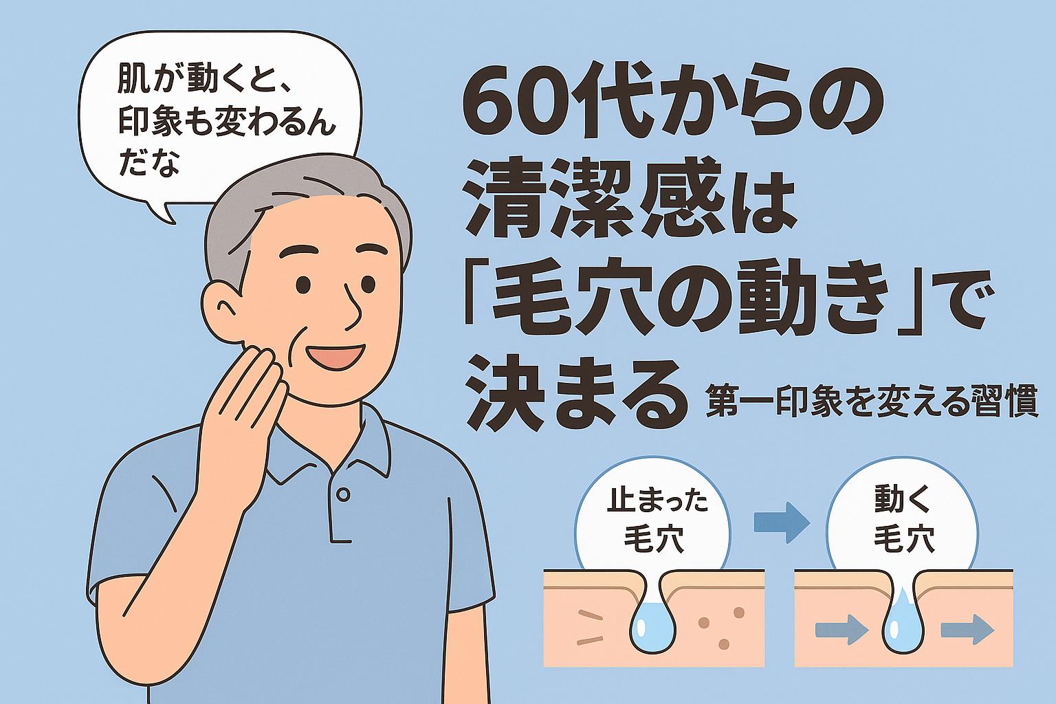 若々しい60代男性が肌に触れながら「肌が動くと、印象も変わるんだな」とつぶやく様子。右側には「60代からの清潔感は毛穴の動きで決まる」というタイトルと、「止まった毛穴」と「動く毛穴」の構造比較が図示されている。