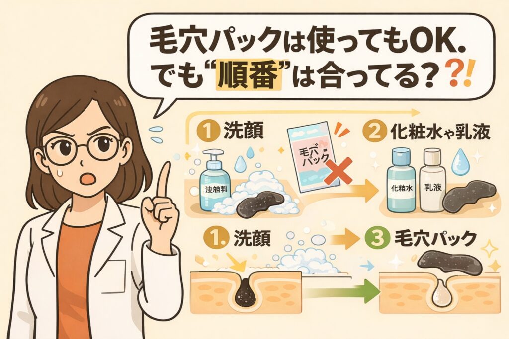 毛穴パックを使う場合の正しいスキンケア順番を解説した図解イラスト。左側には白衣を着た女性の専門家が指を立てて注意喚起している。右側には「毛穴パックは使ってもOK。でも“順番”は合ってる？」という見出しとともに、誤った順番（洗顔後すぐに毛穴パックを使う）と、正しい順番（①洗顔 → ②化粧水・乳液などで肌を整える → ③毛穴パック）が矢印と番号で示されている。毛穴断面図を使って、順番の違いが毛穴状態に影響することを視覚的に説明している。