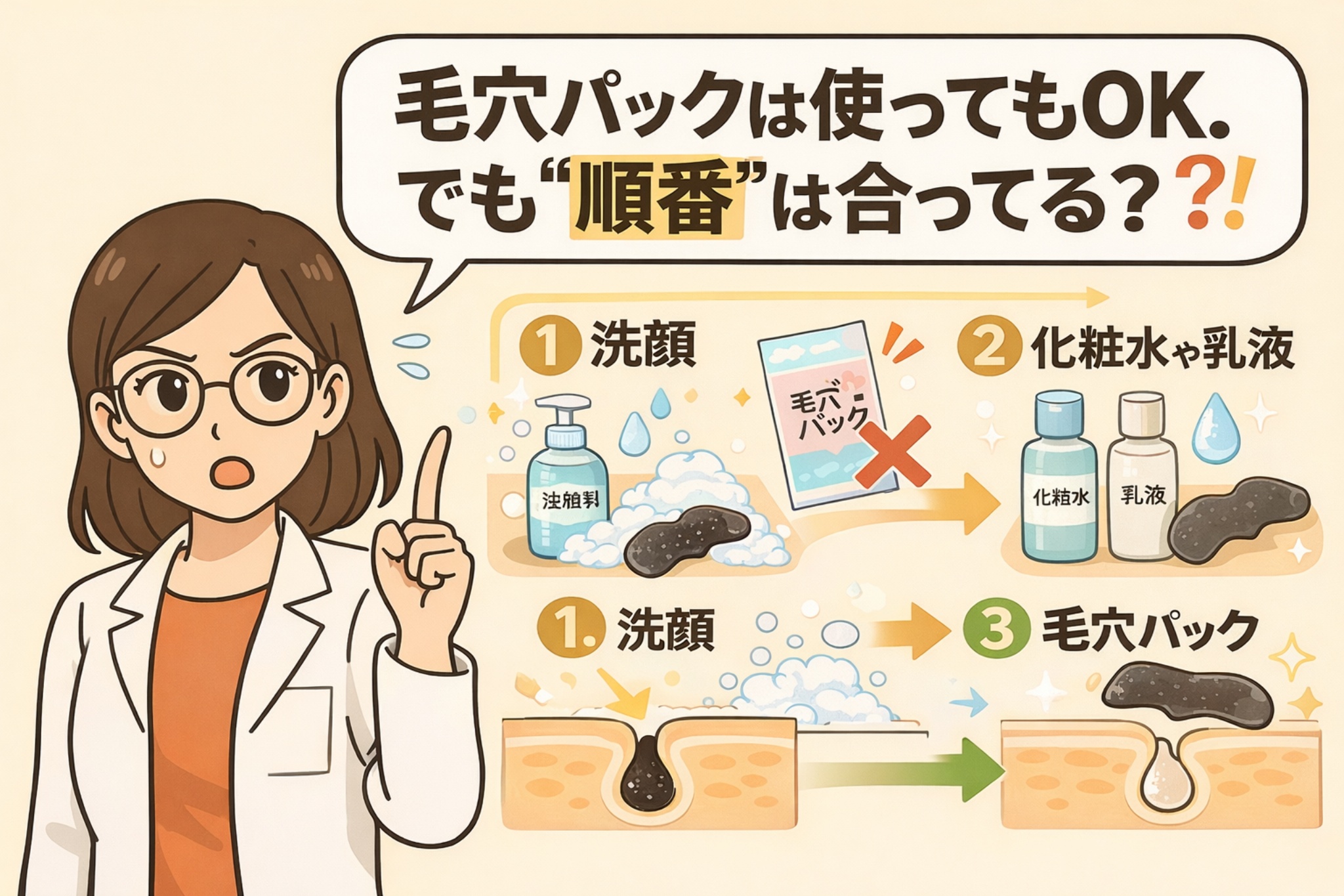 毛穴パックを使う場合の正しいスキンケア順番を解説した図解イラスト。左側には白衣を着た女性の専門家が指を立てて注意喚起している。右側には「毛穴パックは使ってもOK。でも“順番”は合ってる?」という見出しとともに、誤った順番(洗顔後すぐに毛穴パックを使う)と、正しい順番(①洗顔 → ②化粧水・乳液などで肌を整える → ③毛穴パック)が矢印と番号で示されている。毛穴断面図を使って、順番の違いが毛穴状態に影響することを視覚的に説明している。