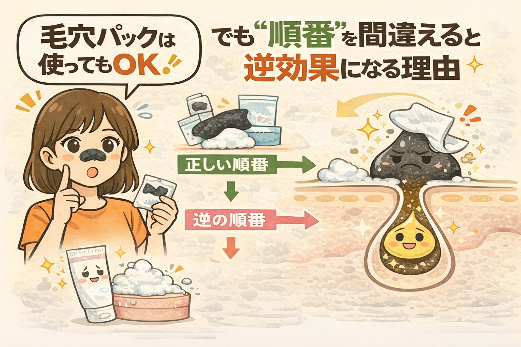 毛穴パックは使ってもよいが、順番を間違えると逆効果になる理由を解説したイラスト図解。正しい手順と逆の手順を対比し、角栓が取れた後の毛穴の状態や、皮脂が残って再詰まりにつながる仕組みを毛穴断面図でわかりやすく示している。