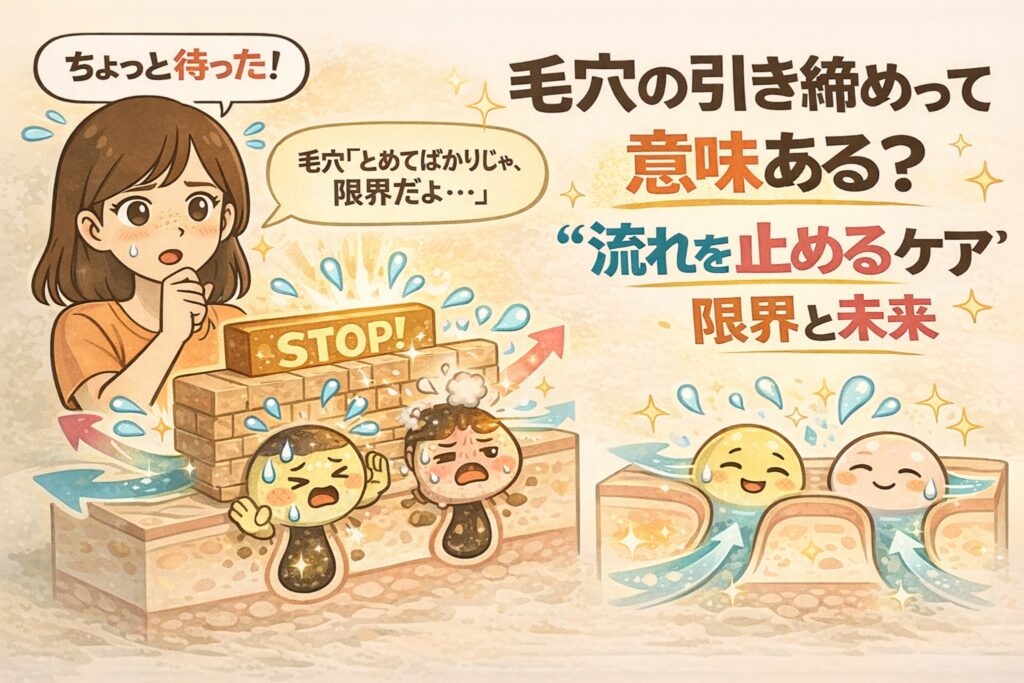 毛穴の引き締めケアには限界があり、「流れを止める」だけでは根本解決にならないことを解説した図解イラスト。毛穴を塞いで皮脂の流れを止めると詰まりが悪化する様子と、流れを保ちながら整えるケアで毛穴環境が改善する対比を、擬人化キャラクターで分かりやすく示している。