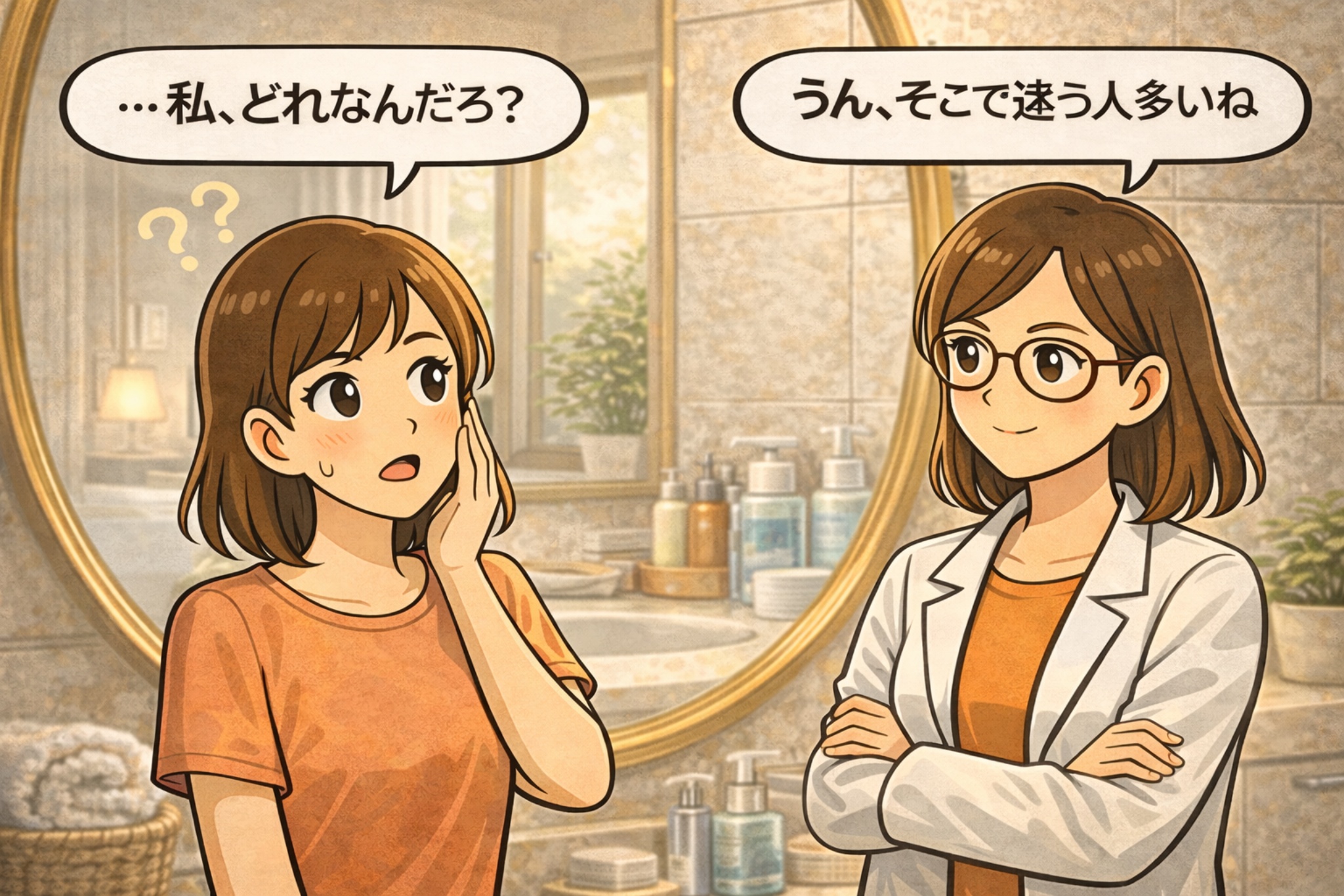 毛穴の悩みのタイプを考える女性と、白衣で眼鏡の女性が「そこで迷う人多いね」と寄り添うイラスト。洗面所を背景に、「私、どれなんだろう？」という吹き出しが描かれ、黒ずみ・詰まり・開きなど症状の違いから自分の毛穴タイプを見極める導入用のアイキャッチ構図。