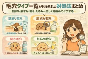 毛穴タイプ別の特徴と対処法を一覧でまとめたイラスト。詰まり毛穴・黒ずみ毛穴・開き毛穴・たるみ毛穴の違いを図解し、それぞれに適した洗顔やスキンケアの考え方を整理している。