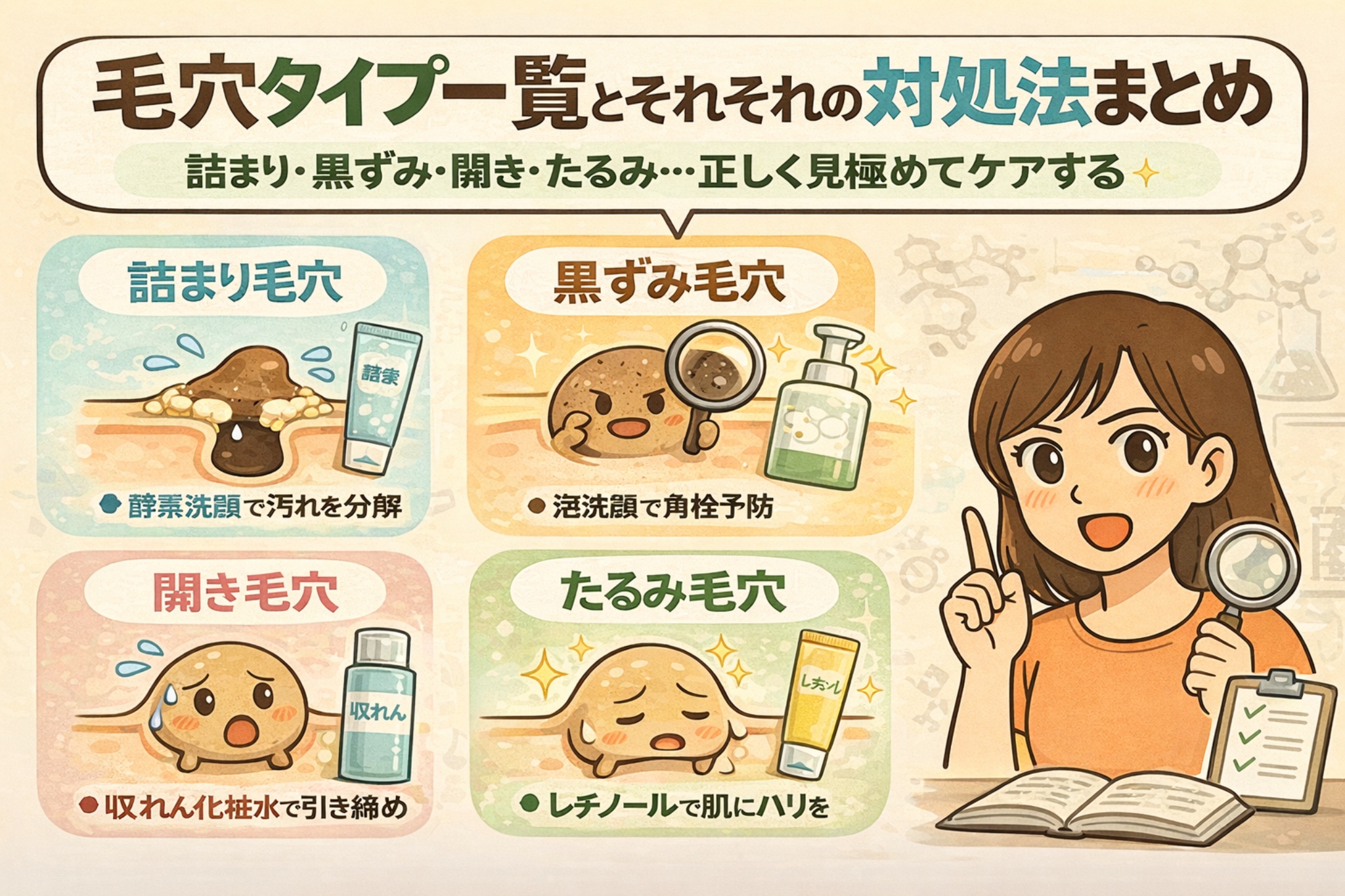 毛穴タイプ別の特徴と対処法を一覧でまとめたイラスト。詰まり毛穴・黒ずみ毛穴・開き毛穴・たるみ毛穴の違いを図解し、それぞれに適した洗顔やスキンケアの考え方を整理している。