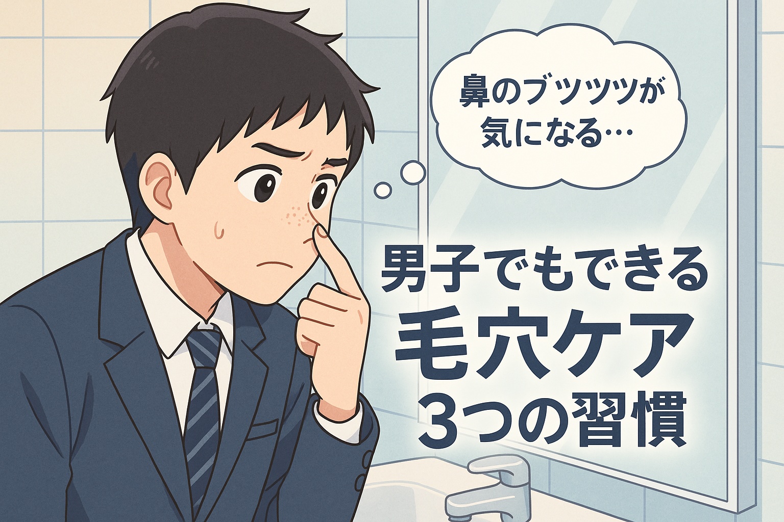 「洗面所の鏡を見ながら鼻のブツブツを気にしている男子中学生のイラスト。制服姿で鼻を指さし、不安そうな表情をしている。鏡には『鼻のブツブツが気になる…』という吹き出しと、『男子でもできる毛穴ケア3つの習慣』という大きな文字が映っている。」