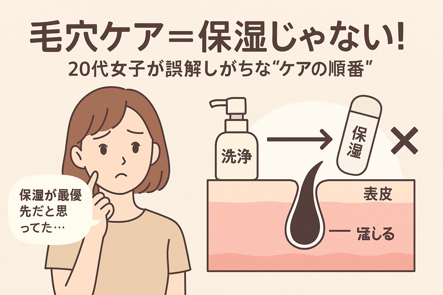 「保湿が最優先だと思ってた…」という女性と、誤ったケア順を表す図解。「洗浄→保湿」の順番にバツ印がついており、「表皮」「届かない」といった言葉で、正しいケアステップの重要性が表現されている。