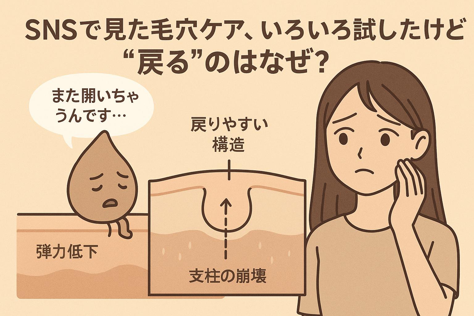 　「SNSで見た毛穴ケア、いろいろ試したけど“戻る”のはなぜ？」というタイトル。左に「また開いちゃうんです…」と語る毛穴キャラ、中央に「弾力低下」と「支柱の崩壊」による戻りやすい構造の断面図、右に悩む女子大生。