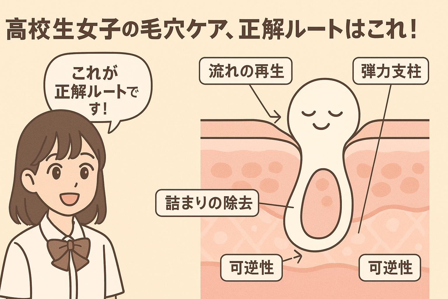 笑顔の女子高生が「これが正解ルートです！」と話し、横には明るく擬人化された毛穴の断面図がある。図中には「詰まりの除去」「流れの再生」「弾力支柱」「可逆性」などのキーワードが並び、構造的な毛穴ケアの正しい順路を示している。