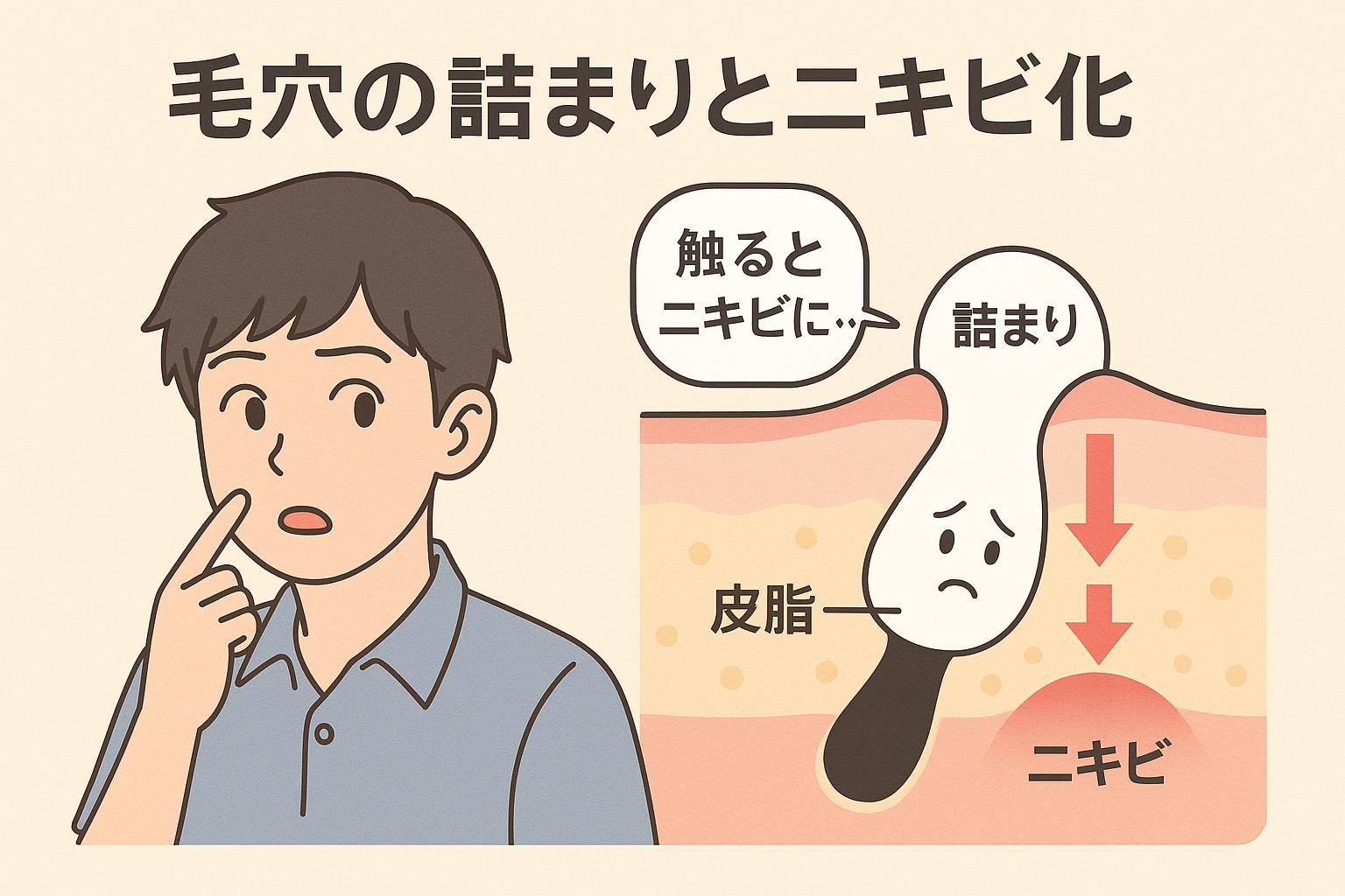 頬を気にする男子高校生が「触るとニキビに…」と心配する様子と、毛穴に詰まった皮脂が炎症を起こしてニキビになる流れを図解した断面イラスト。詰まりのキャラには悲しい表情があり、「詰まり」「皮脂」「ニキビ」などの説明が添えられている。