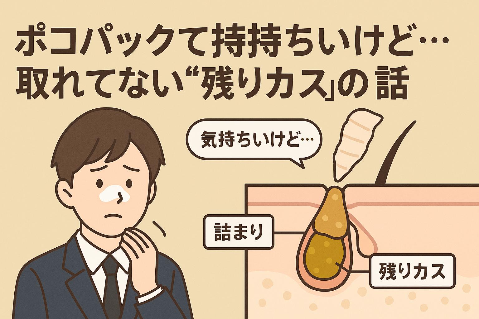 鼻にパックを貼った男子高校生が「気持ちいいけど…」と不安そうに語り、隣の断面図では角栓が引き抜かれたあとにも「詰まり」「残りカス」が残っている様子が描かれている。毛穴パックの限界を示す視覚構成。