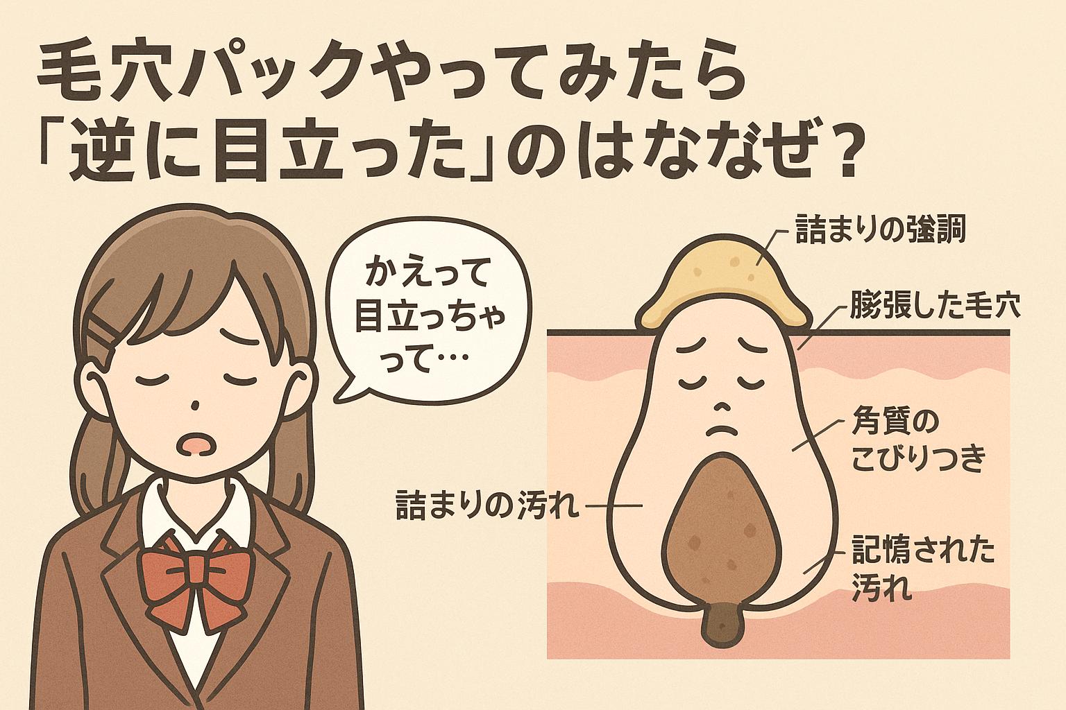 女子高生が「かえって目立っちゃって…」と語り、右側に悲しそうな毛穴のキャラクターと肌の断面図が描かれている。図には「詰まりの強調」「膨張した毛穴」「角質のこびりつき」「記憶された汚れ」などのラベルが表示され、毛穴パック後に目立つ原因を解説している。