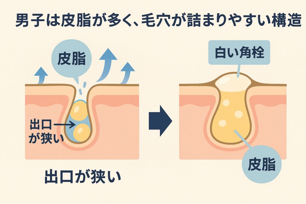 「男子の毛穴が詰まりやすい構造を説明する図解イラスト。左側は出口が狭く、皮脂が押し寄せている毛穴。右側は皮脂と角質が混ざり合って白い角栓ができている毛穴。上部に『男子は皮脂が多く、毛穴が詰まりやすい構造』というキャッチコピーが書かれている。」