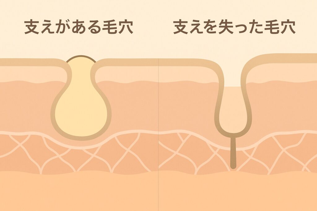 横長の図解で、左に「支えがある毛穴」、右に「支えを失った毛穴」を比較表示。左は真皮内のコラーゲンネットワークが密で毛穴がふっくら支えられている様子、右はネットワークが緩み毛穴が縦長に沈んでいる様子を、やさしいベージュ系カラーで描写。