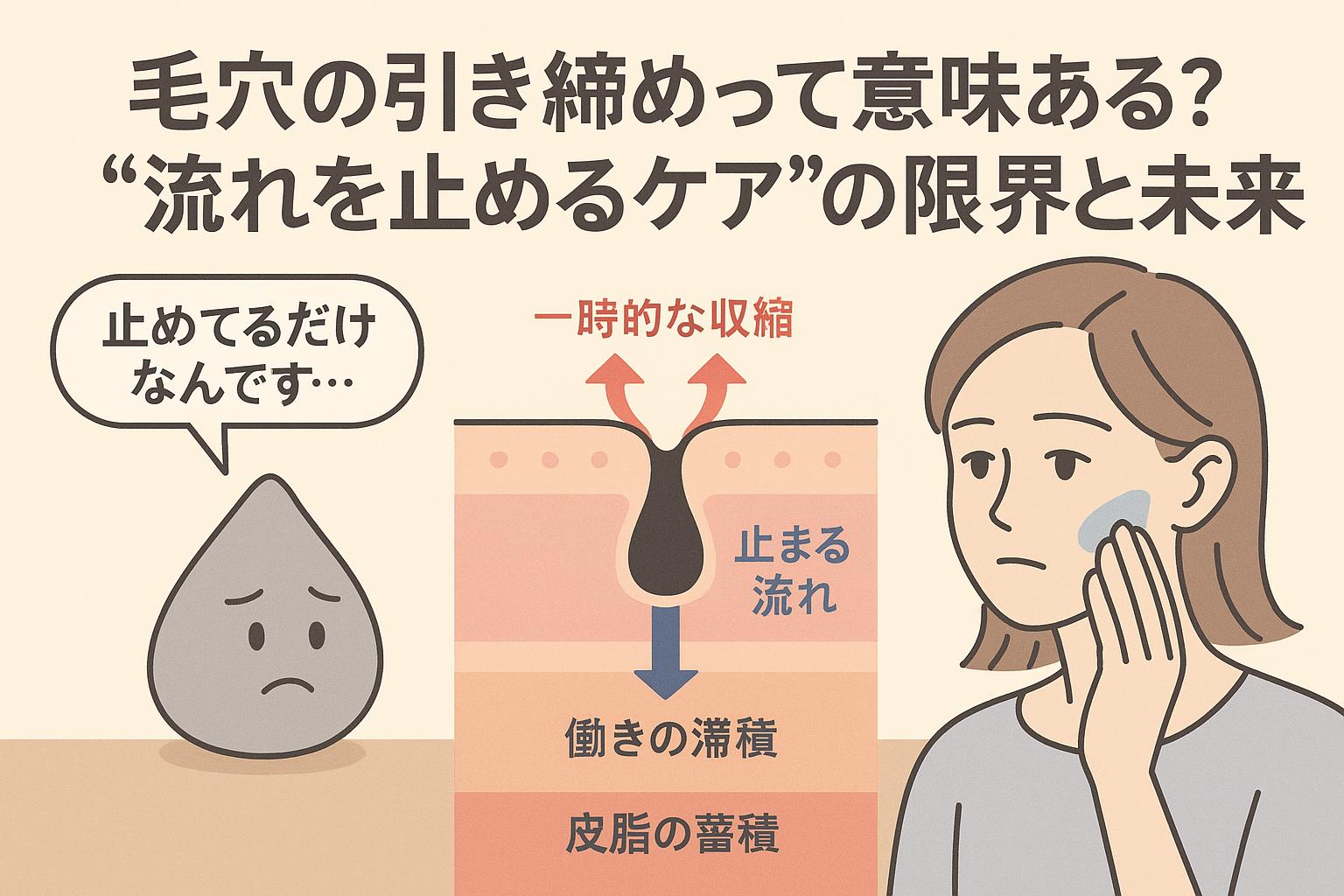 　「毛穴の引き締めって意味ある？“流れを止めるケア”の限界と未来」というタイトル。左に「止めてるだけなんです…」と話すしずくキャラ、中央に皮脂の蓄積と一時的な収縮を示す肌構造図、右にスキンケアを塗る女性。流れが止まることの限界を示唆。