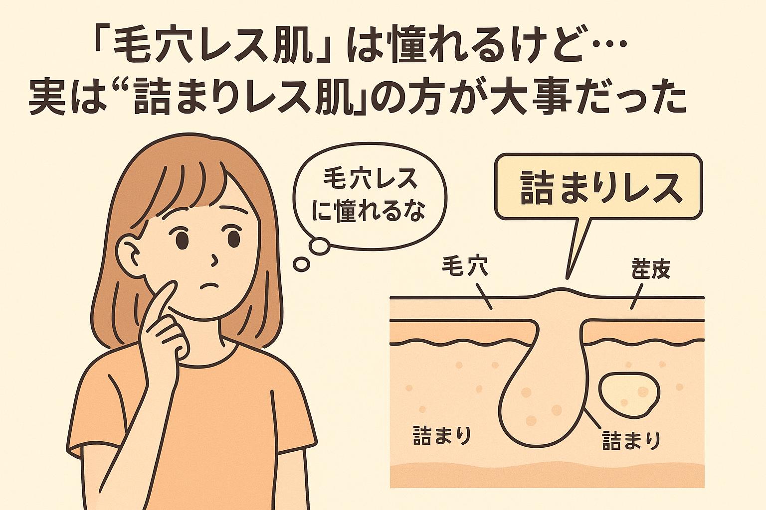「毛穴レスに憧れるな」と考える女性と、「詰まりレス」の状態を強調する肌断面図。「毛穴」「詰まり」「詰まりレス」などの用語が並び、詰まりがない状態こそが本質的なケアであることを示している。
