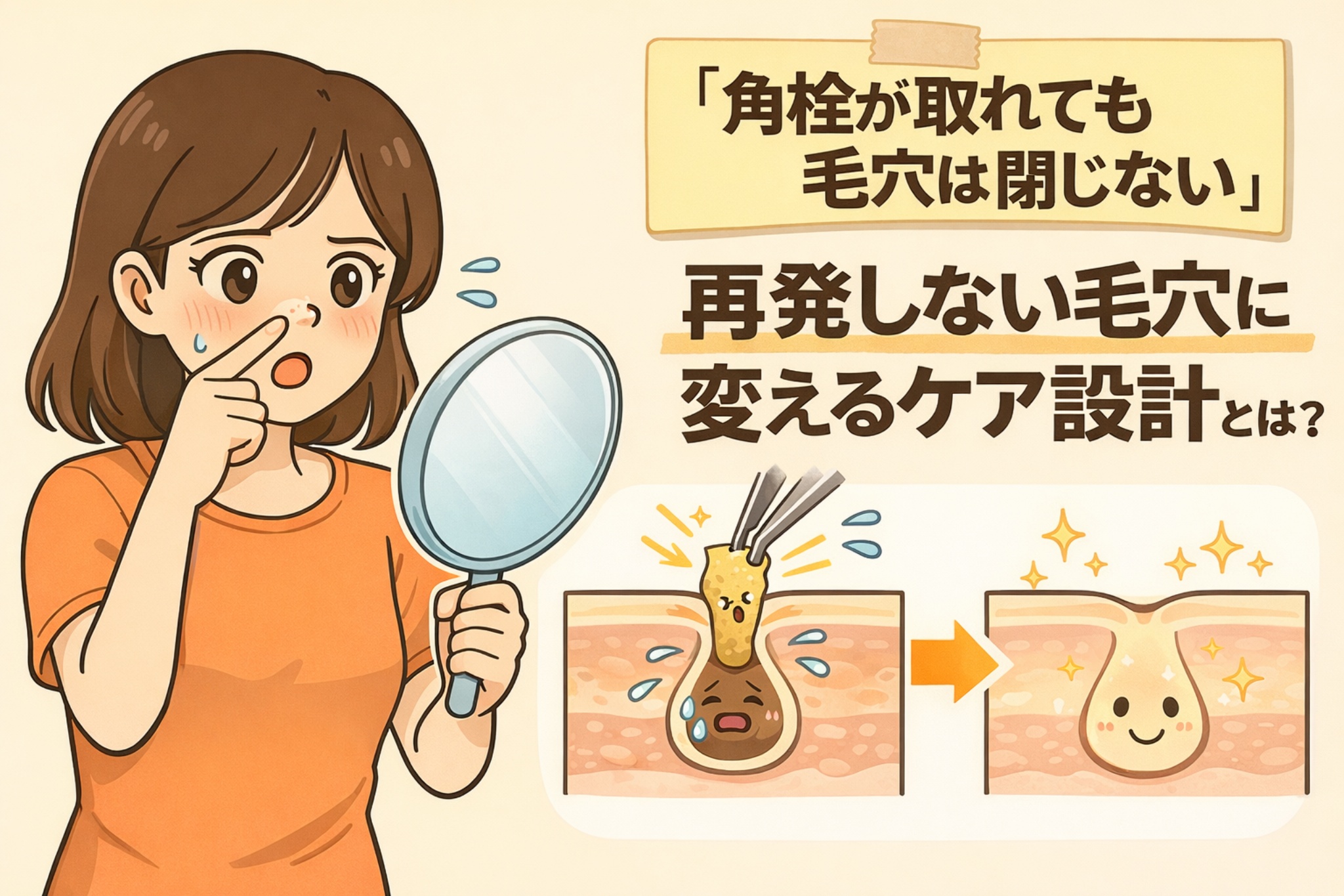 「角栓が取れても毛穴は閉じない」理由と、再発しない毛穴に近づけるケア設計を解説した図解イラスト。角栓を抜いた直後の毛穴と、その後に構造を整えた状態を対比し、鏡で鼻を確認する女性と毛穴断面図でわかりやすく示している。