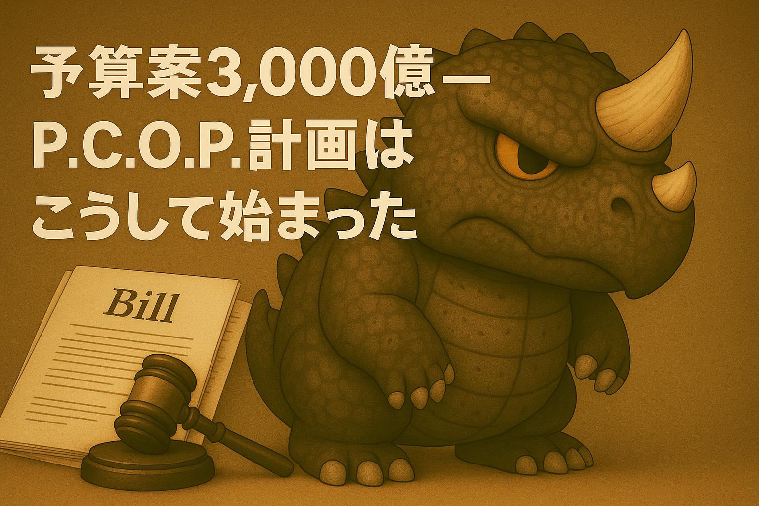 「3,000億円の国家予算で始動したP.C.O.P.計画を象徴するアイキャッチ画像。判決用ガベルと法案書類“Bill”、そして怒りを抱えた怪獣ポアザウルスが並ぶ構図。構造ケアの始動と政治的決断をイメージさせる」