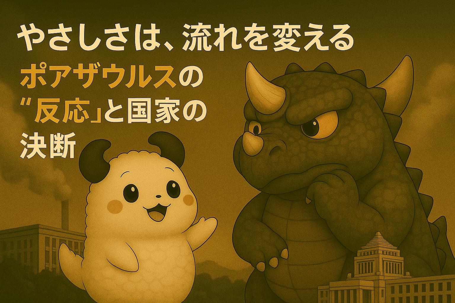 国家議事堂を背景に、ポアザウルスが腕を組んで考え込む一方、ポアコが明るい表情で話しかけている構図。空には工場の煙が立ち昇り、重々しい空気の中に、やさしさが新たな流れを生む希望が描かれている。「やさしさは、流れを変える──ポアザウルスの“反応”と国家の決断」の文字が画面上部に浮かぶ。