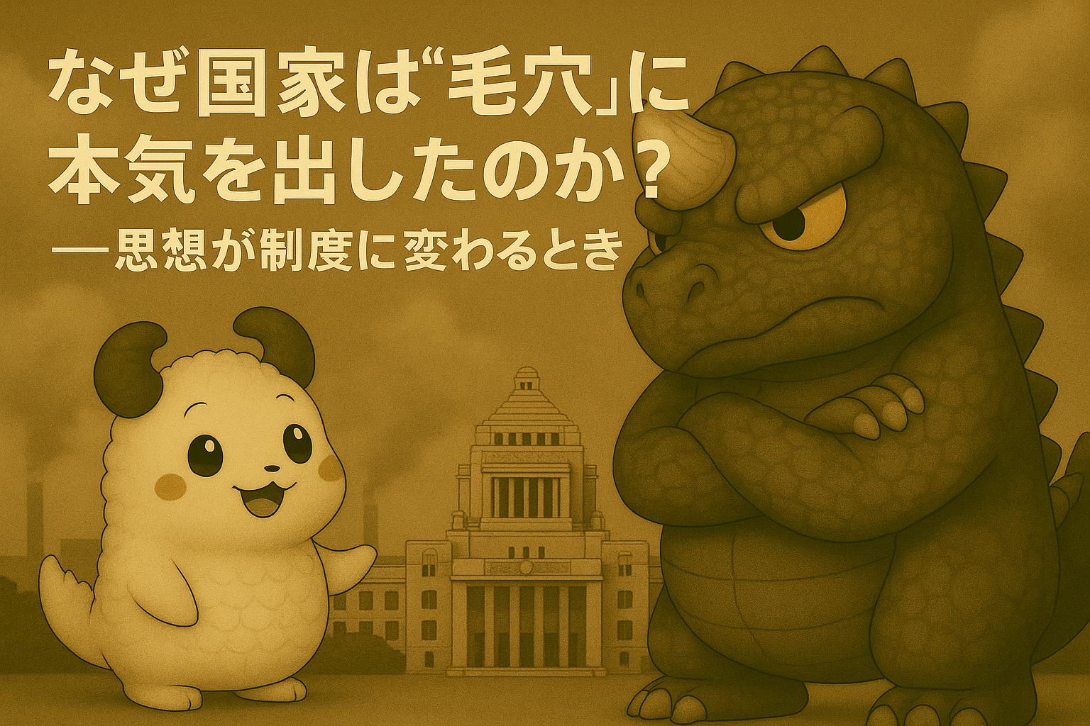 国家議事堂の前で、腕を組んで真剣な表情を浮かべるポアザウルスと、明るく語りかけるポアコが向かい合う構図。「なぜ国家は“毛穴”に本気を出したのか？──思想が制度に変わるとき」というメッセージが上部に配置され、政策転換の重みと希望を感じさせるビジュアル。