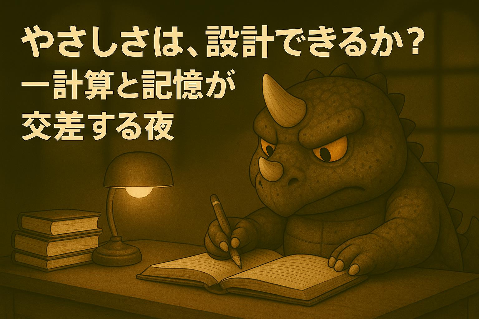 「夜の書斎でランプの灯りの下、ノートに向かって“やさしさの構造”を設計する怪獣ポアザウルス。『やさしさは、設計できるか？──計算と記憶が交差する夜』をテーマにした落ち着いたアイキャッチイラスト」