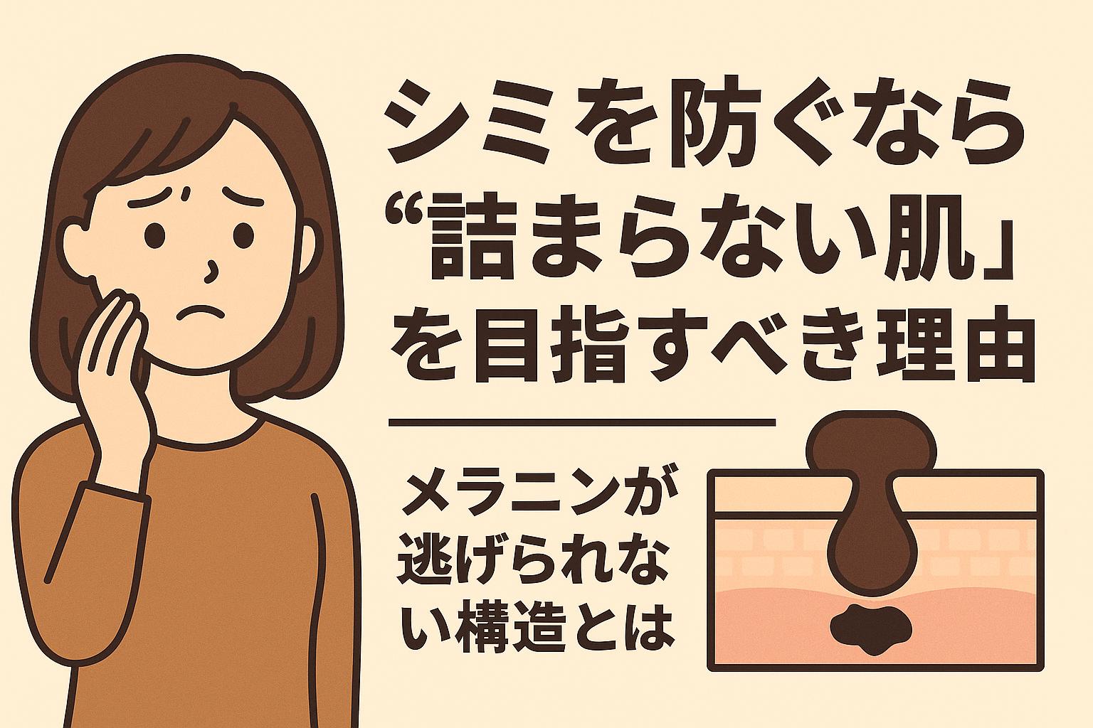 詰まり毛穴がメラニン沈着に直結する構造を、皮膚断面図で示したイラスト。女性の不安な表情とともに、「詰まらない肌」を目指すべき理由を問いかけている。