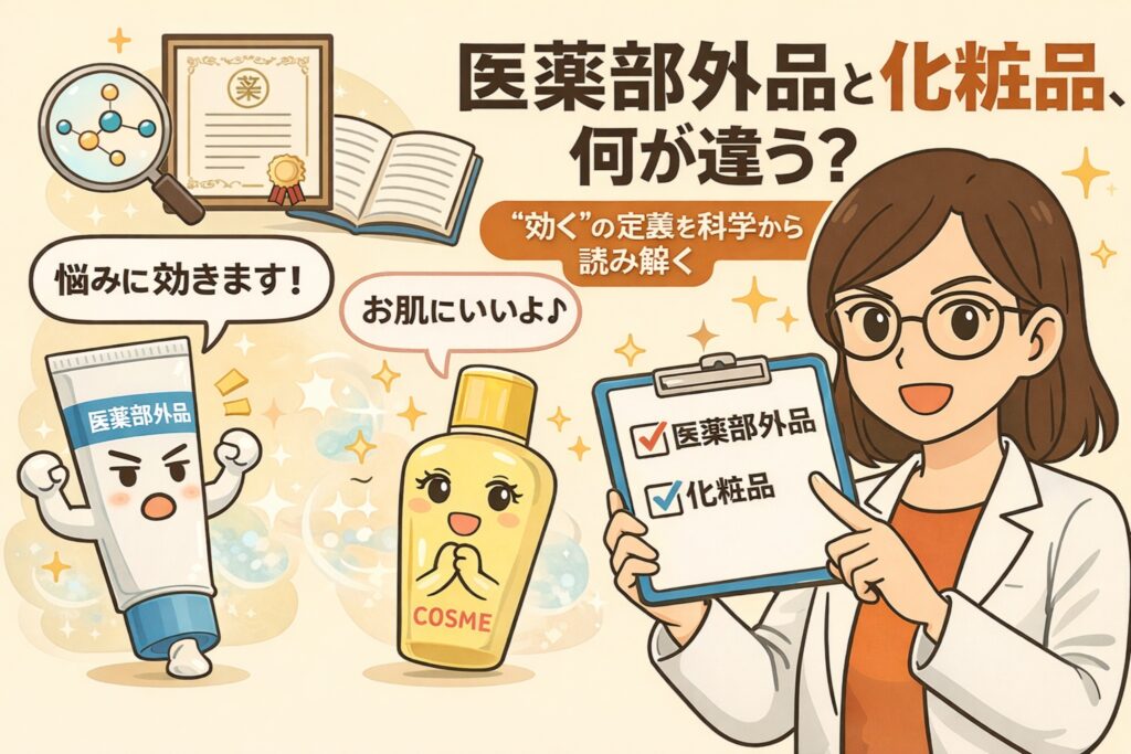 医薬部外品と化粧品の違いをテーマに、「効く」の定義を科学的視点から解説するイラスト。白衣の女性がチェックリストを持ち、医薬部外品と化粧品を比較。成分や効能の位置づけを示す書類やアイコン、擬人化された医薬部外品と化粧品ボトルが登場し、それぞれの役割の違いを分かりやすく伝えている。