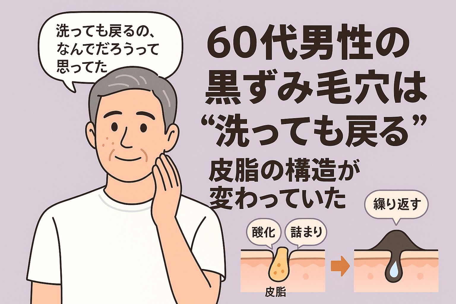 若々しい60代男性が白いTシャツ姿で、洗顔の限界について気づく場面。右側には「酸化」「詰まり」「繰り返す」というテキストと、皮脂構造の変化により黒ずみが再発する様子を断面図で示した構成。