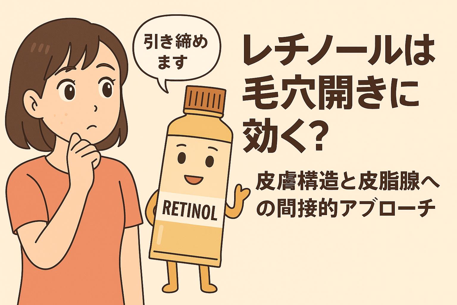 レチノールチューブが「引き締めます」と語りかけ、女性が毛穴の悩みに対して考え込む様子を描いたイラスト。「レチノールは毛穴開きに効く？」という疑問と構造的アプローチを示唆する構成です。