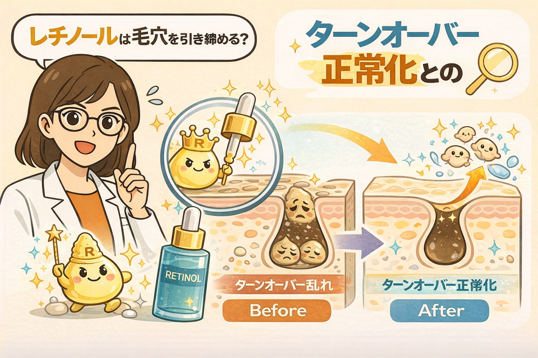 レチノールは毛穴を引き締めるのかを解説するイラスト。白衣の女性が説明する横で、レチノールを擬人化したキャラクターと毛穴断面図を用い、ターンオーバーが乱れた状態（Before）から正常化した状態（After）へ変化する様子を比較している。レチノールの本質的な役割が「毛穴収縮」ではなく「ターンオーバー正常化」であることをわかりやすく示した成分解説画像。
