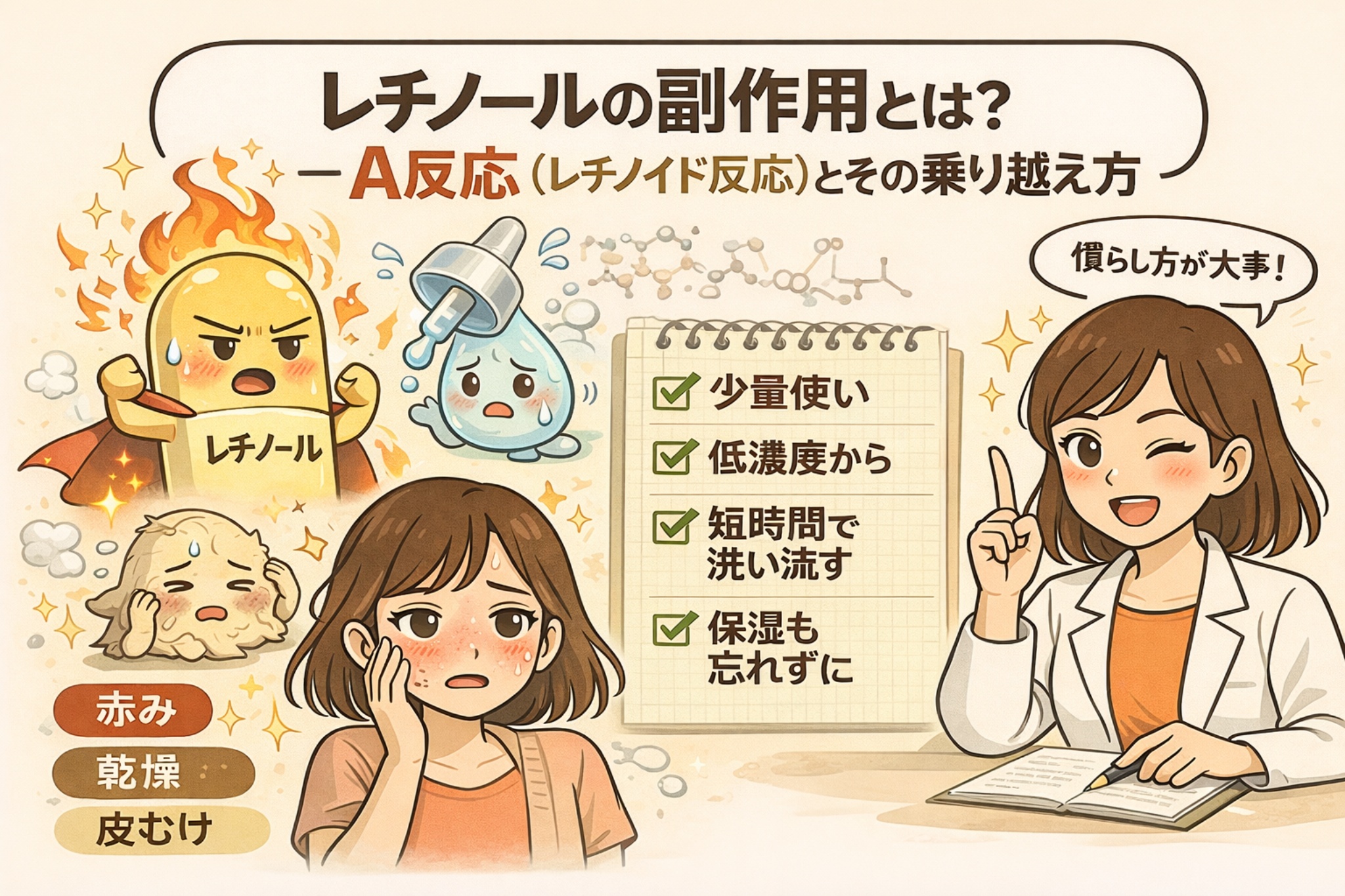 レチノールの副作用とA反応（レチノイド反応）を解説したイラスト。赤み・乾燥・皮むけなどの症状と、少量使用・低濃度から始める・短時間で洗い流す・保湿を重視するなど、慣らしながら使うポイントを図解している。