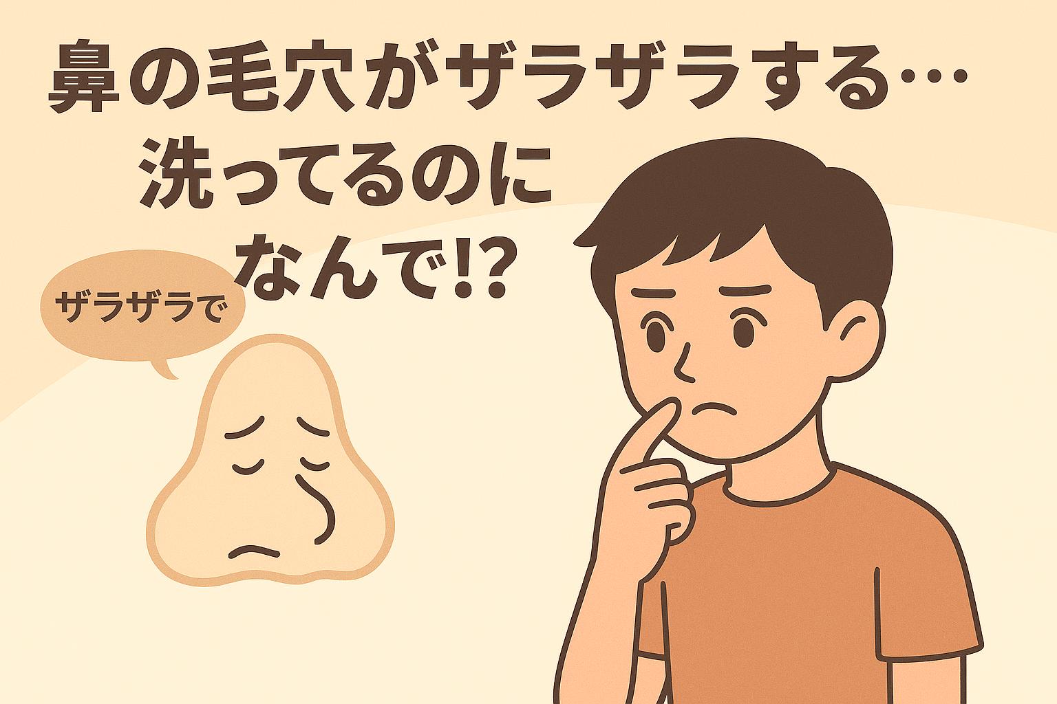 鼻がザラザラすることに悩む男子中学生と、「ザラザラで…」と困った表情を浮かべる擬人化鼻キャラ。洗っているのに改善しない悩みを表現。