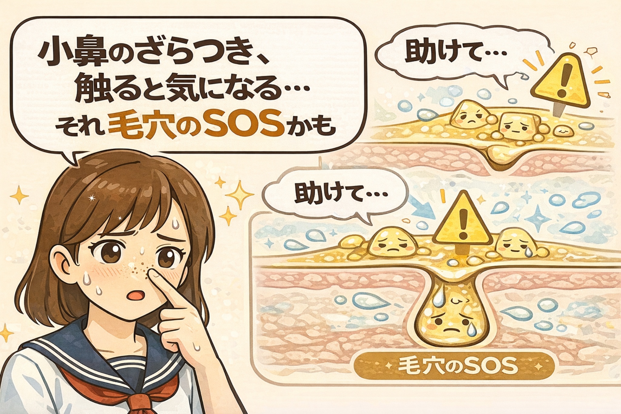 小鼻のざらつきが気になり、触ってしまう状態が毛穴トラブルのサインであることを示した図解イラスト。悩む女子学生と、毛穴内部で皮脂や角質が滞留し「SOS」を出している様子を毛穴断面図で表現し、早めのケアが必要であることを伝えている。