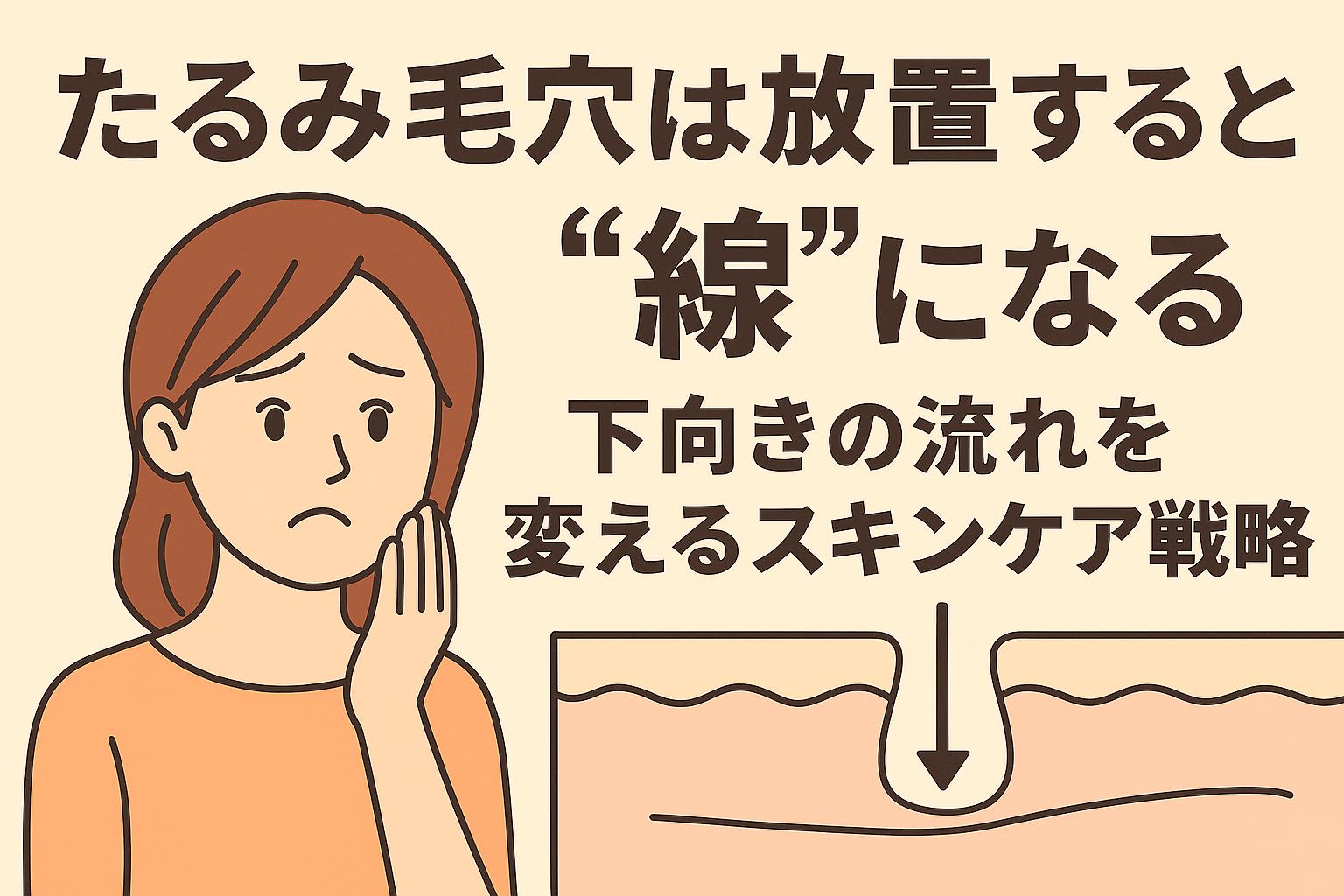 頬のたるみ毛穴に悩む女性と、放置すると「線」になるリスクを訴える構成。皮膚断面図には下向きに引っ張られる構造が描かれている。