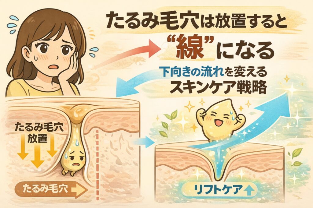 たるみ毛穴を放置すると毛穴が縦につながり線状に見える仕組みを図解したイラスト。下向きに流れる皮膚構造と、リフトケアによって流れを上向きに整えるスキンケア戦略の考え方を断面図で説明している。