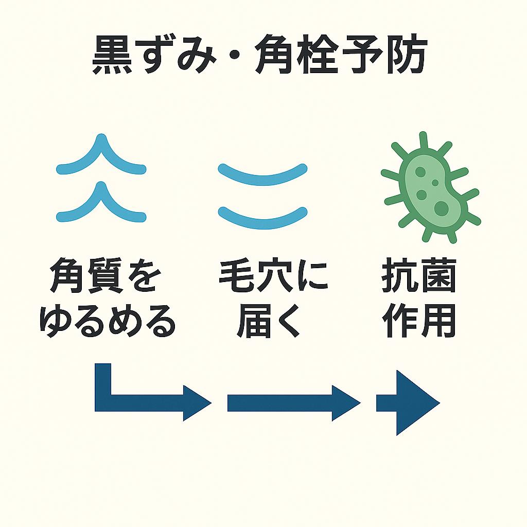 サリチル酸の作用を3ステップで示す図解。
「角質をゆるめる」(波形アイコン)
「毛穴に届く」(曲線アイコン)
「抗菌作用」(緑色の菌アイコン)
青い矢印で流れをつなぎ、最終的に「黒ずみ・角栓予防」とまとめられている正方形デザイン。