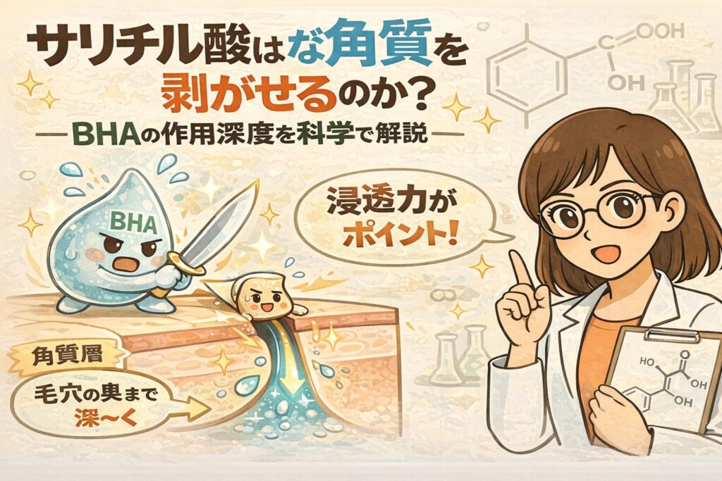 サリチル酸（BHA）が角質を剥がすのではなく、浸透力によって毛穴の奥まで作用する仕組みを科学的に解説したイラスト。擬人化されたBHA成分と角質層、白衣の女性がポイントを説明している。