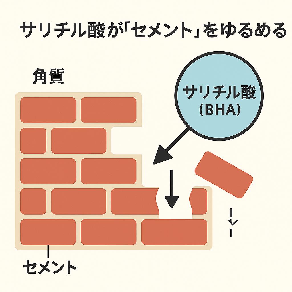 レンガの壁で角質層を表現した図解。
レンガ=角質、セメント=細胞間脂質として描かれ、サリチル酸(BHA)がセメント部分をゆるめてレンガが外れやすくなる様子を矢印で示している。
キャプションには「サリチル酸が“セメント”をゆるめる」と書かれ、科学的メカニズムを直感的に理解できるデザイン。