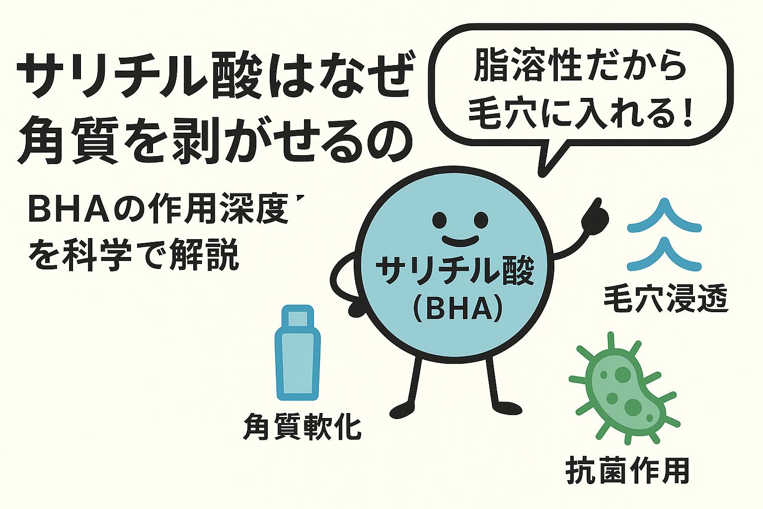 横長アイキャッチ画像。 左側に大きなタイトル「サリチル酸はなぜ角質を剥がせるのか？BHAの作用深度を科学で解説」。 右側にはキャラクター化されたサリチル酸（BHA）が「脂溶性だから毛穴に入れる！」と吹き出しで説明し、周囲に「角質軟化（ボトルアイコン）」「毛穴浸透（波アイコン）」「抗菌作用（菌アイコン）」が配置されている。 背景は淡いベージュで、科学的で親しみやすいデザイン。